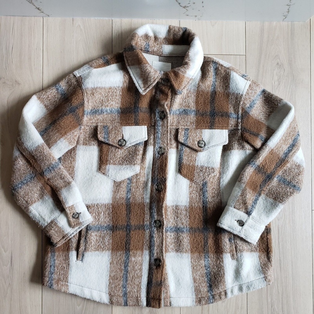 Avec Les Filles Shacket Womens XS‎ Brown Plaid Oversized Shirt Jacket